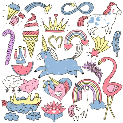 Cute unicorn and fairy elements colorful doodle set including crown, crystals, clouds, feathers isolated vector illustration