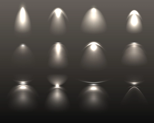 Set of light effects from various artificial lamps of white color on black background isolated vector illustration
