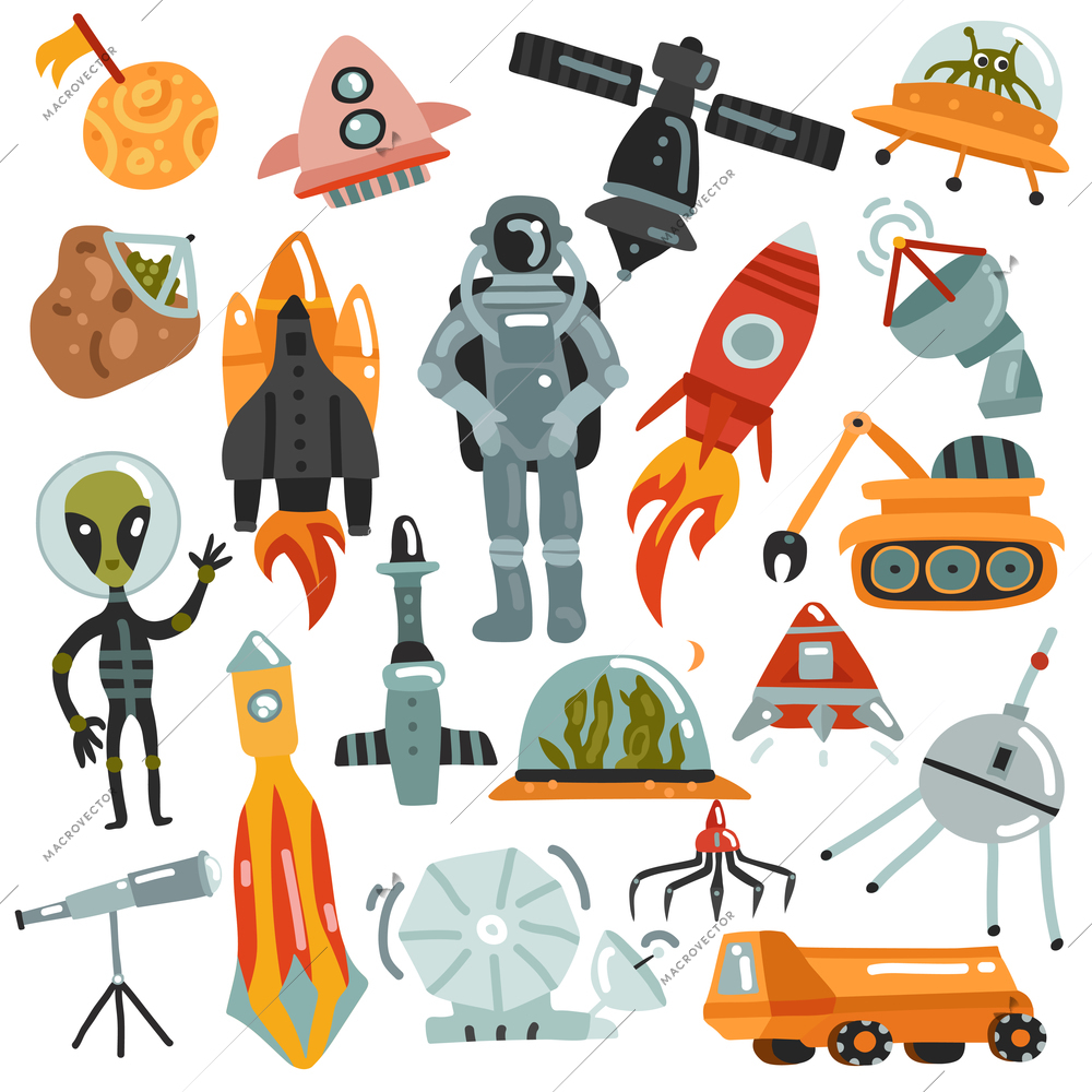 Space set of hand drawn icons with rockets and robots, satellites, astronaut and alien isolated vector illustration