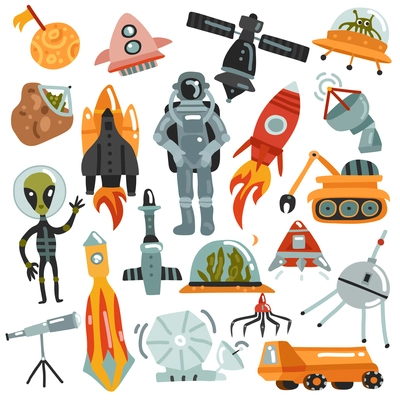 Space set of hand drawn icons with rockets and robots, satellites, astronaut and alien isolated vector illustration