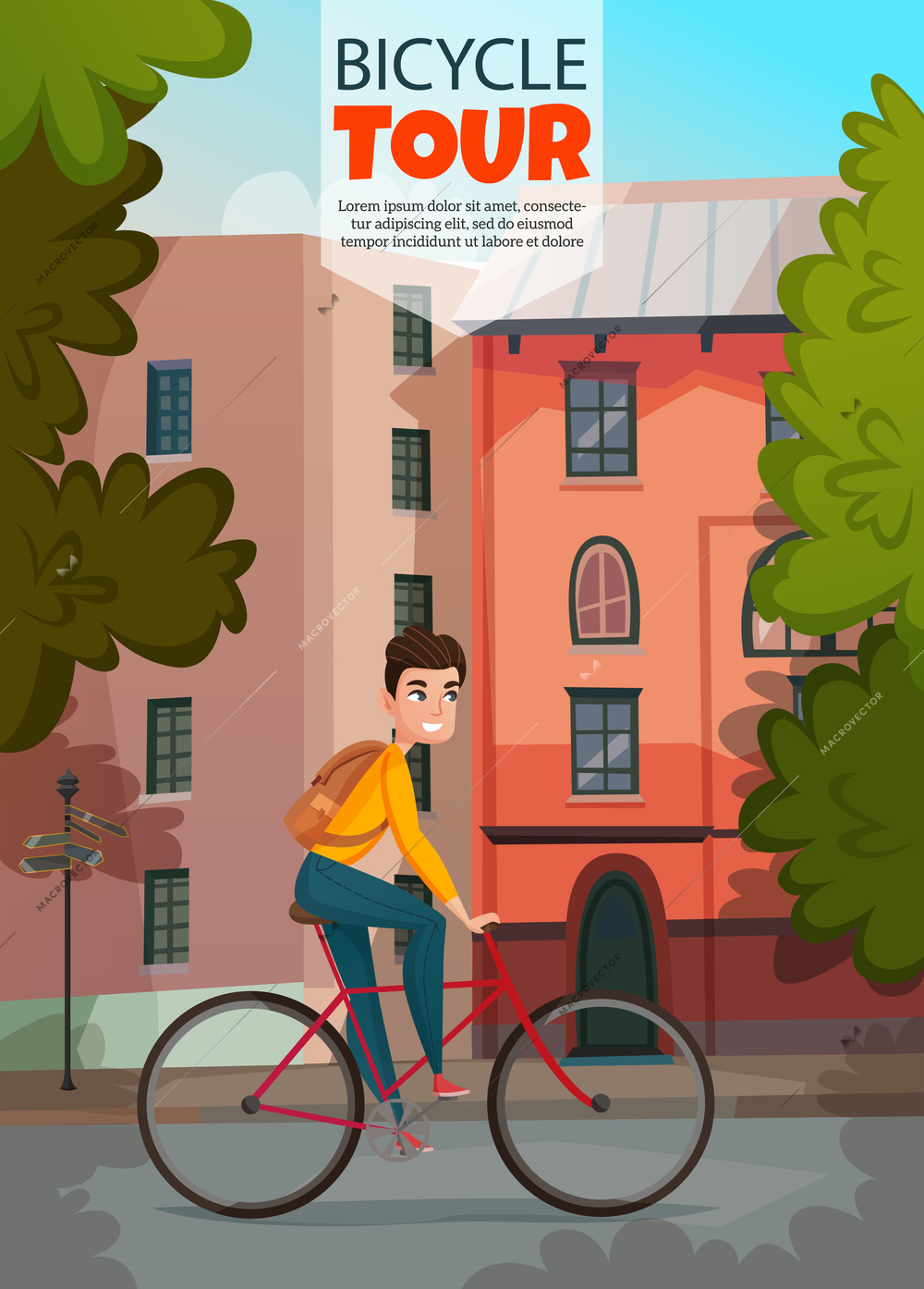 Bicycle ride composition with young man on bike on city buildings background in summer time vector illustration