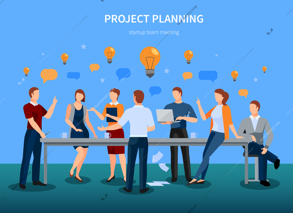 Project planning concept with startup conference meeting and brainstorming symbols illustration