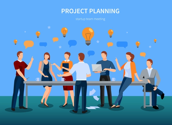 Project planning concept with startup conference meeting and brainstorming symbols illustration