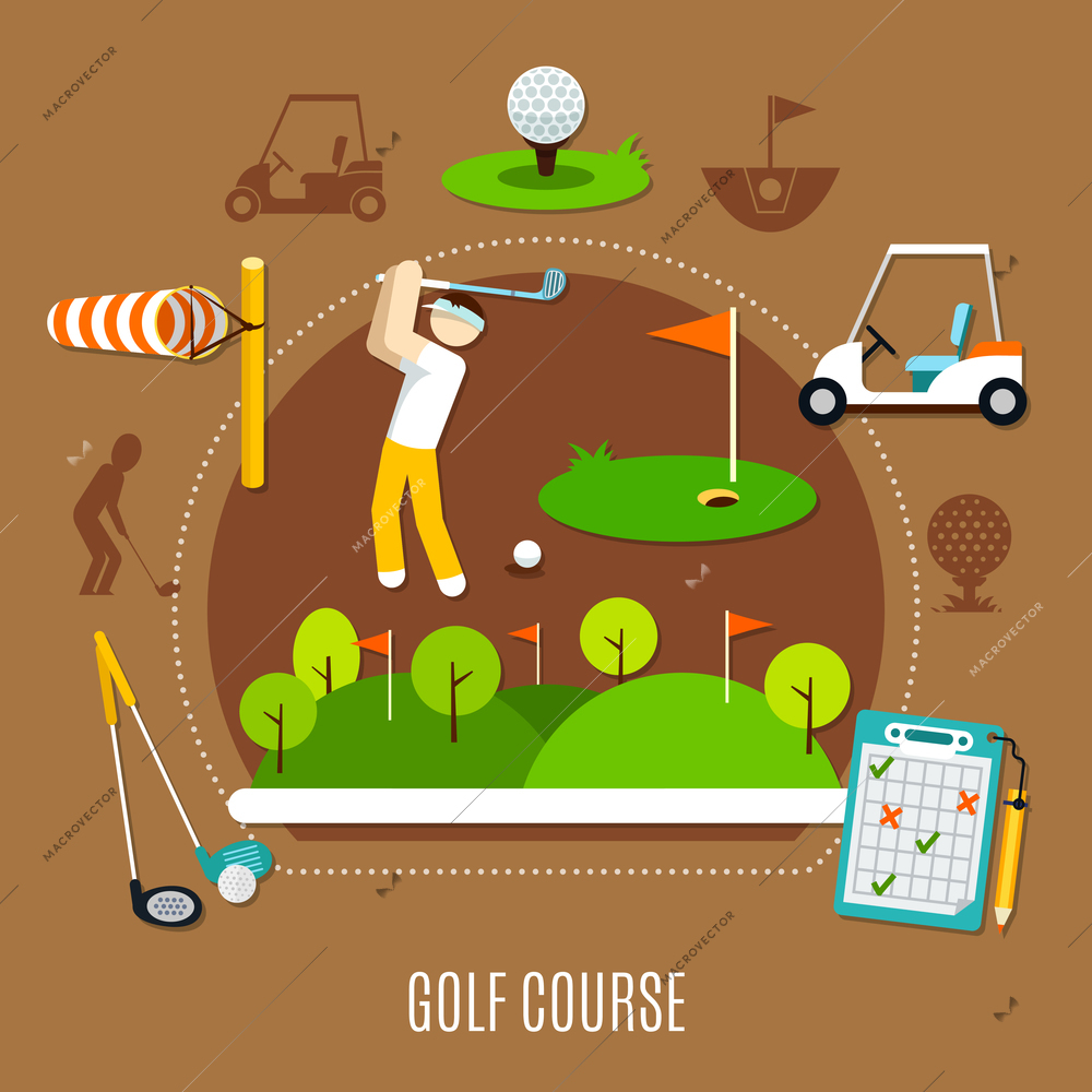 Golf course composition with player in swing stance, game field with flags on brown background vector illustration