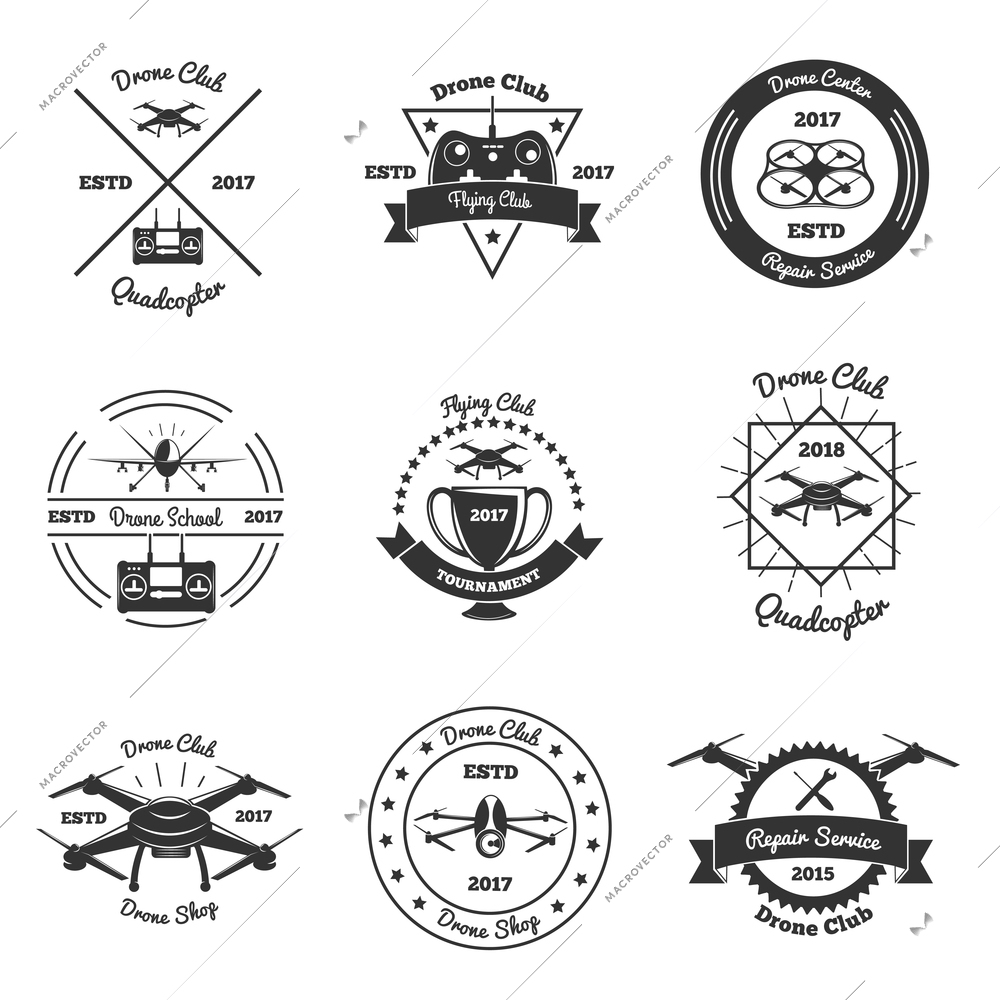 Drone set of monochrome emblems of club, school, tournament, shop and repair service isolated vector illustration