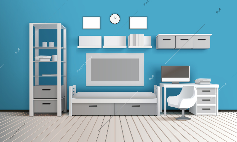 Private room realistic 3d interior composition with case shelves tv set modern chair clock and computer vector illustration