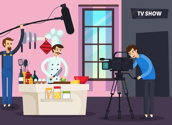 Cooking tv show orthogonal composition with chef preparing food, cameraman and sound man in studio vector illustration