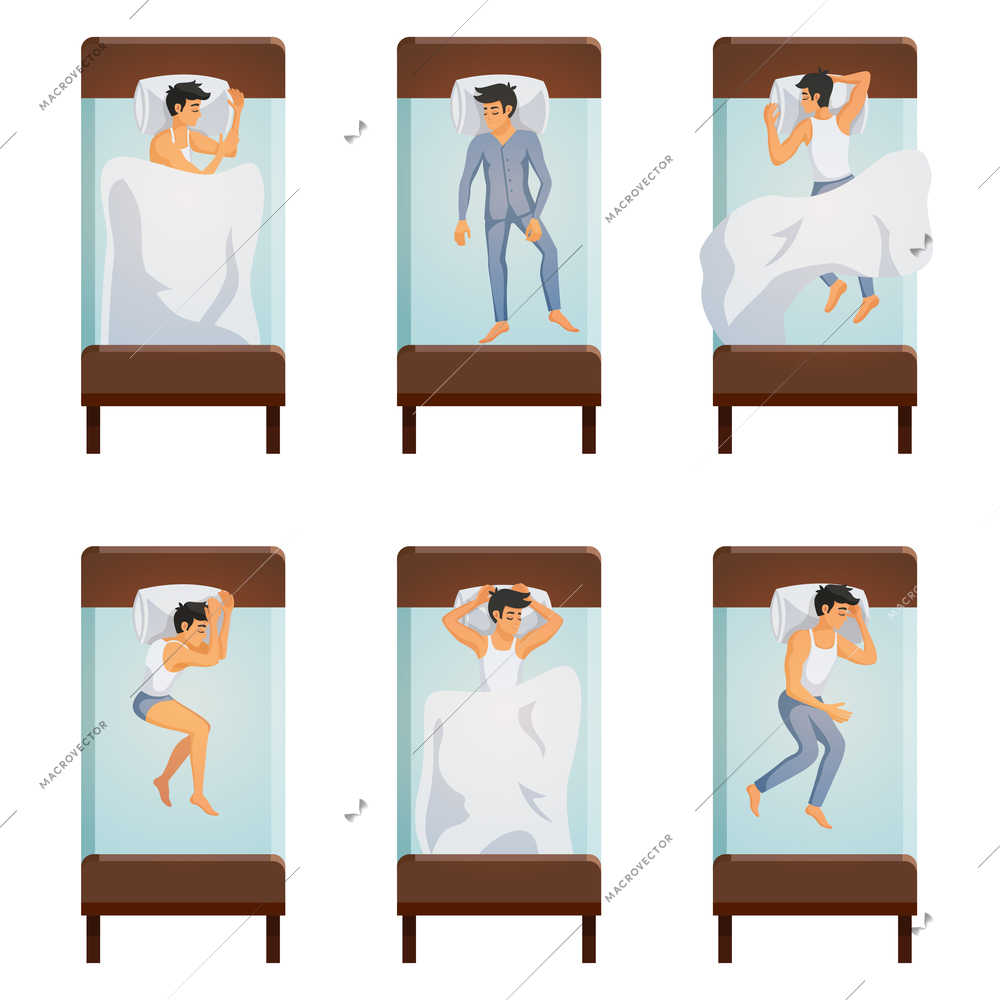 Top view of single bed with sleeping men in different poses decorative icons set  isolated vector illustration