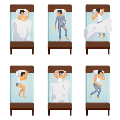 Top view of single bed with sleeping men in different poses decorative icons set  isolated vector illustration