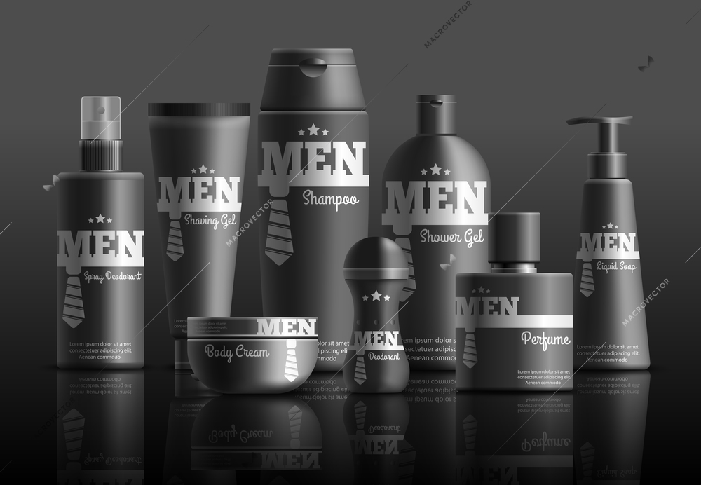 Mens cosmetic series in black containers with brand identity realistic composition on dark background vector illustration