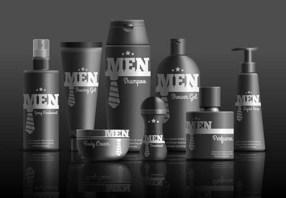 Mens cosmetic series in black containers with brand identity realistic composition on dark background vector illustration