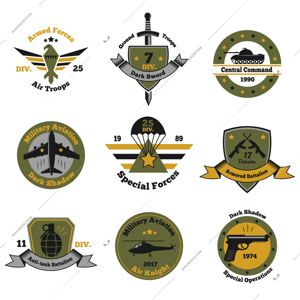 Military emblems color set of nine isolated images with decorative symbols text captions and arms inventory vector illustration