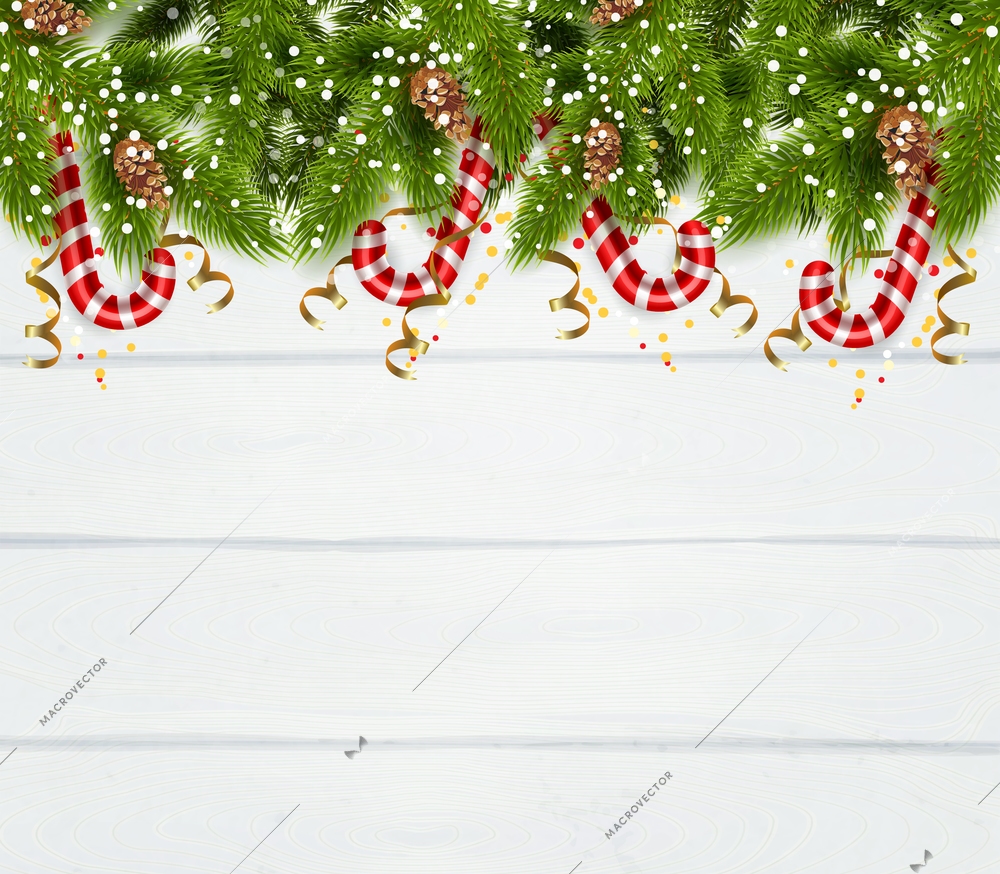 New year background with spruce twigs  serpentine and christmas peppermint candy cane realistic vector Illustration