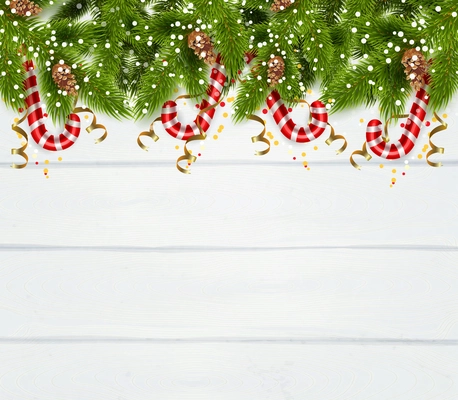 New year background with spruce twigs  serpentine and christmas peppermint candy cane realistic vector Illustration