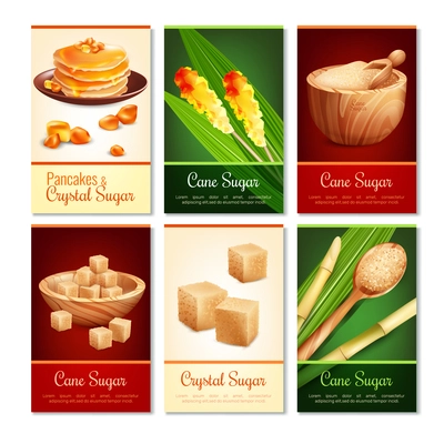 Set of vertical cards with cane sugar in various shape, green leaves, wooden dishware isolated vector illustration