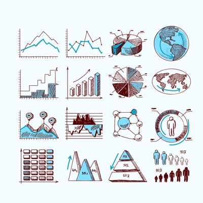 Sketch business diagram charts progress statistics investment concepts isolated doodle vector illustration