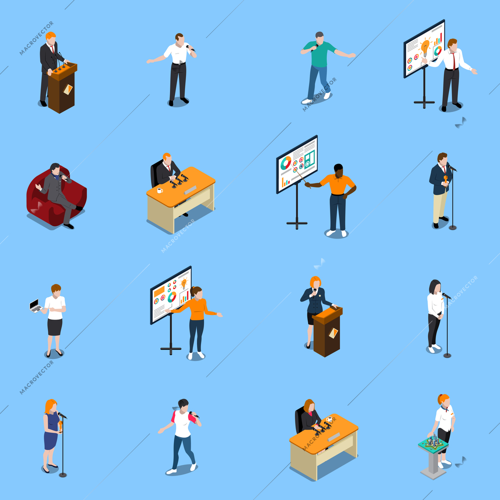 Public speaking isometric icons set with people near microphone during performance on blue background isolated vector illustration