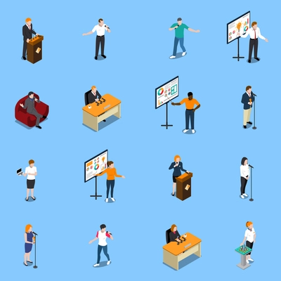 Public speaking isometric icons set with people near microphone during performance on blue background isolated vector illustration