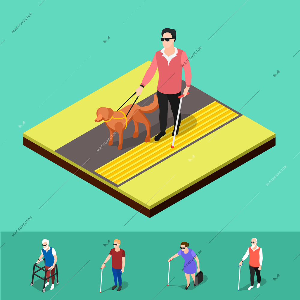 Isometric blind people background with human characters of partially sighted people walking on corduroy tactile paving vector illustration