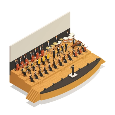 Big orchestra playing classical music on stage with conductor 3d isometric composition vector illustration