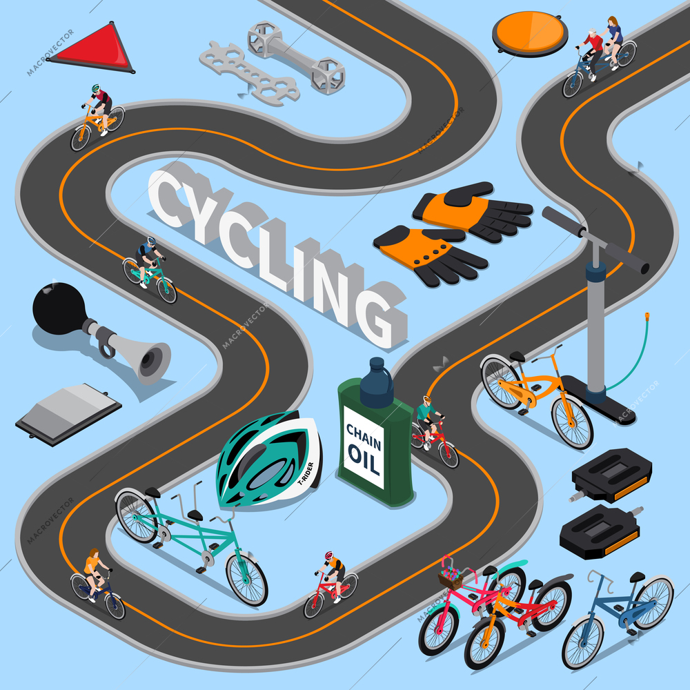 Cycling isometric composition with bikers on road, sports equipment and service tool on blue background vector illustration
