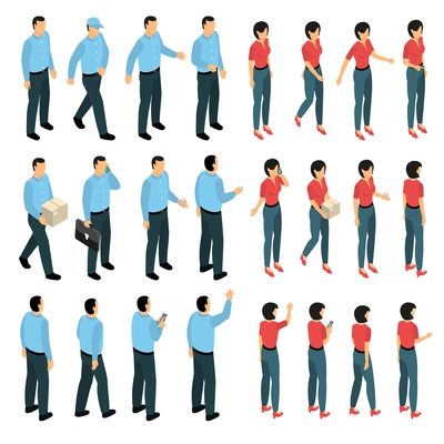 Man and woman used in business creation set with male and female figurines in various views isometric isolated vector illustration