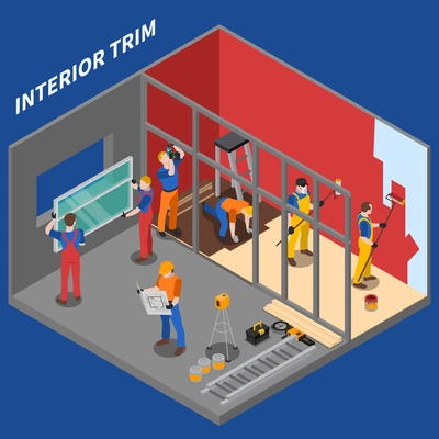 Isometric home repair worker people composition interior trim by group of workers vector illustration