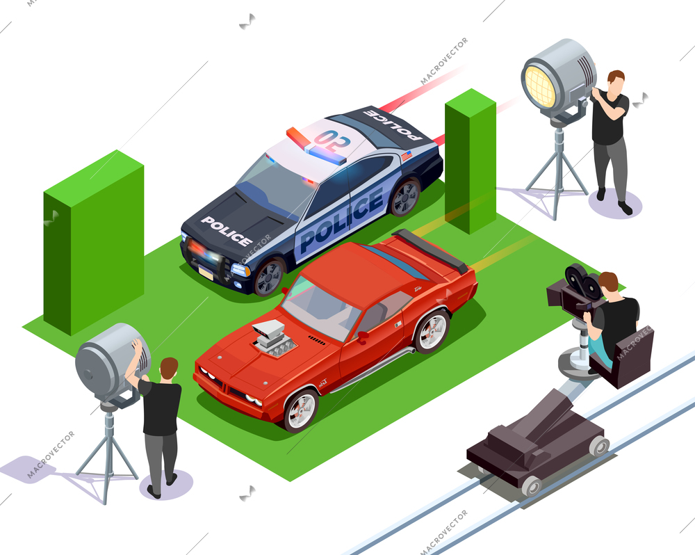 Cinematograph isometric composition with operators shooting red automobile and police car 3d vector illustration