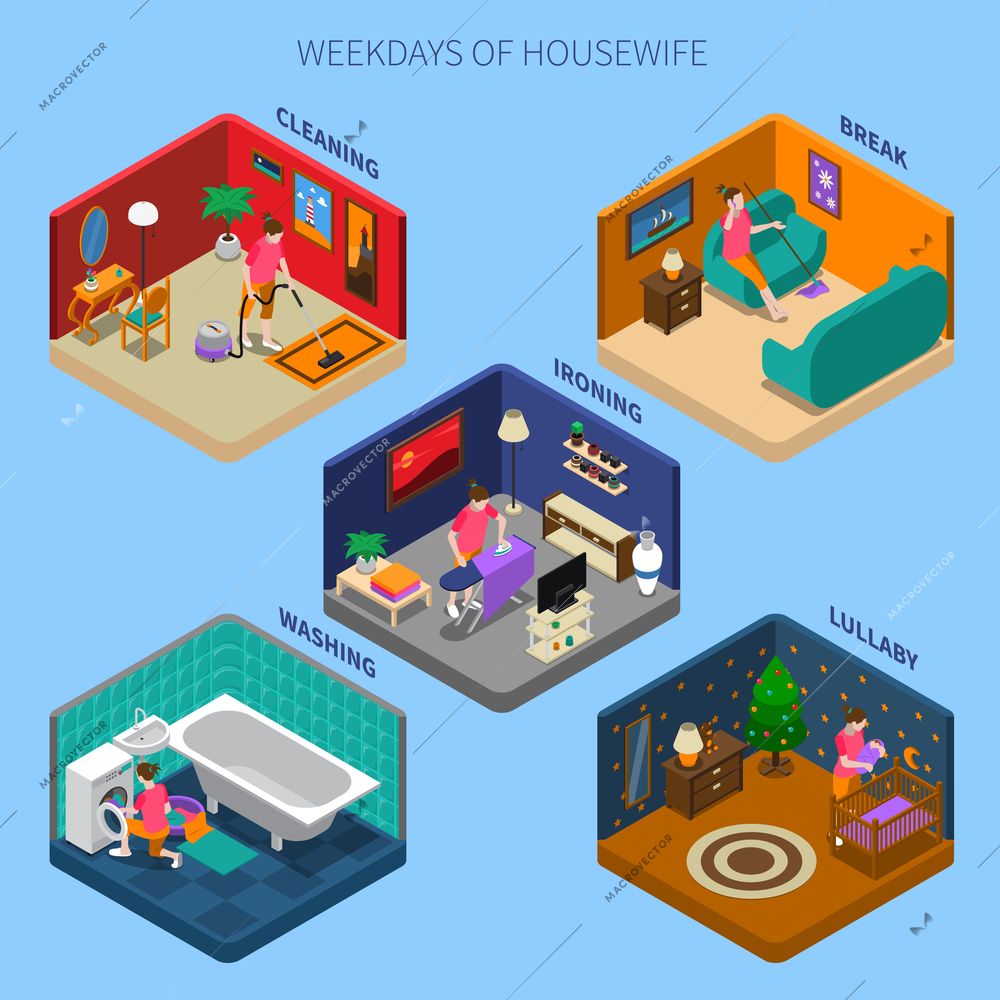 Weekdays of housewife with cleaning, washing, ironing, child care isometric compositions on blue background isolated vector illustration