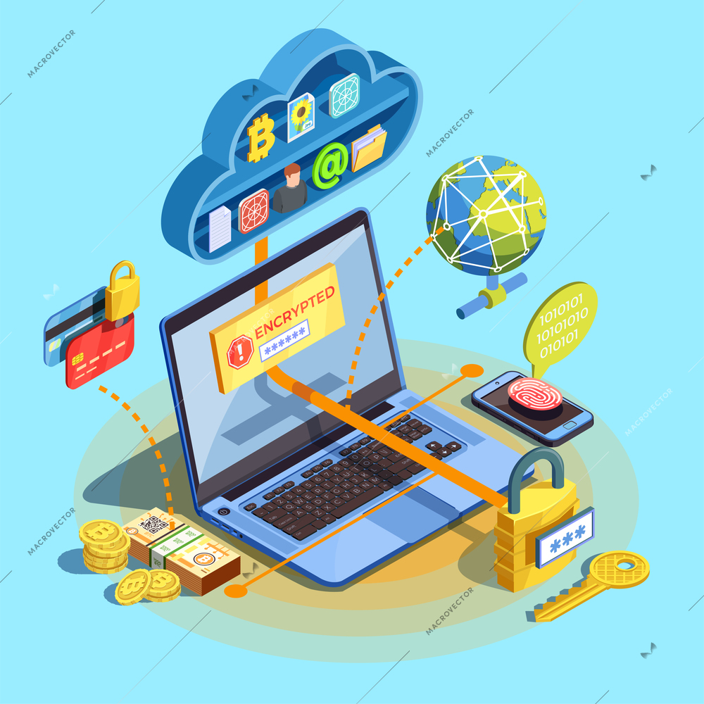 Data encryption cyber security isometric composition with network nodes cloud storage and cryptocurrency images with laptop vector illustration