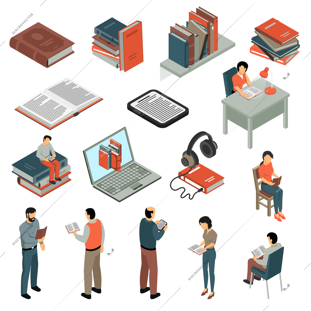 Book reading isometric set with electronic book headphones shelves of paper books  reading people in different poses isolated vector illustration