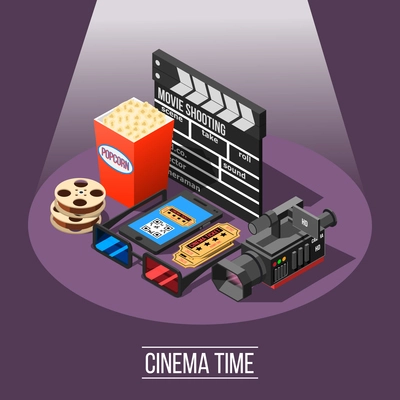 Isometric movie shooting composition with essential filmmaking appliances and cinema attending accessories tickets and smartphone vector illustration