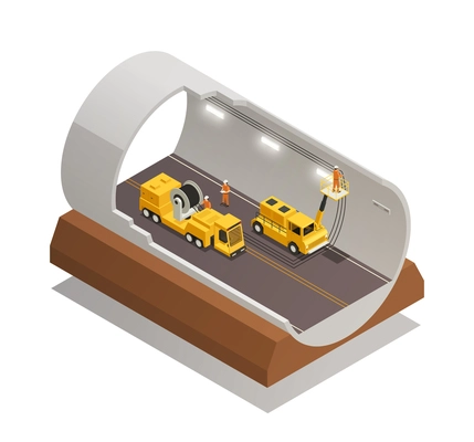 Finishing tunnel construction for highway isometric composition on white background 3d vector illustration