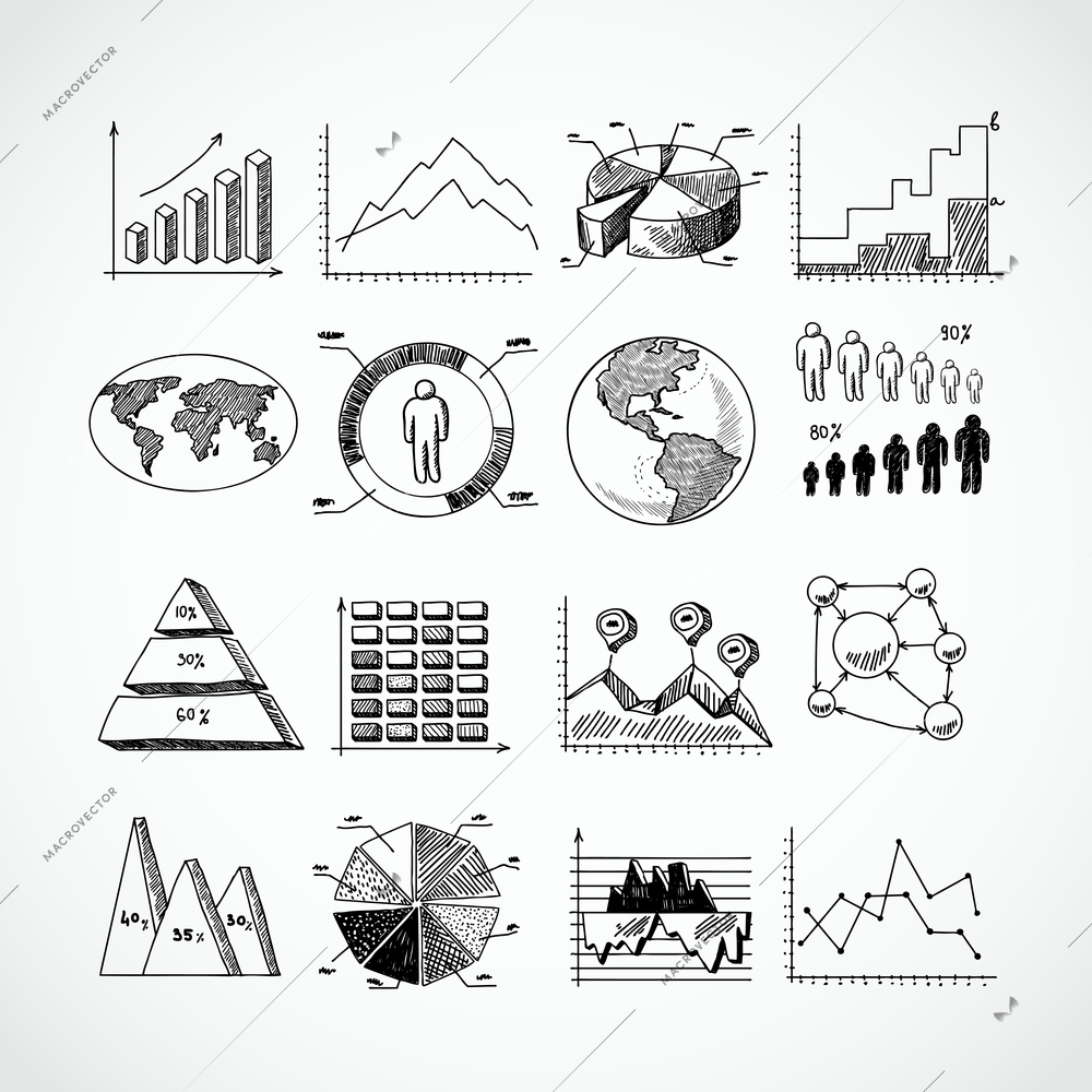 Sketch business diagrams charts dot bar pie graphs icons set isolated doodle vector illustration