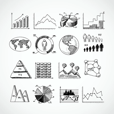 Sketch business diagrams charts dot bar pie graphs icons set isolated doodle vector illustration