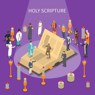 Holy scripture isometric composition with open book, people from world religions, candles on violet background vector illustration