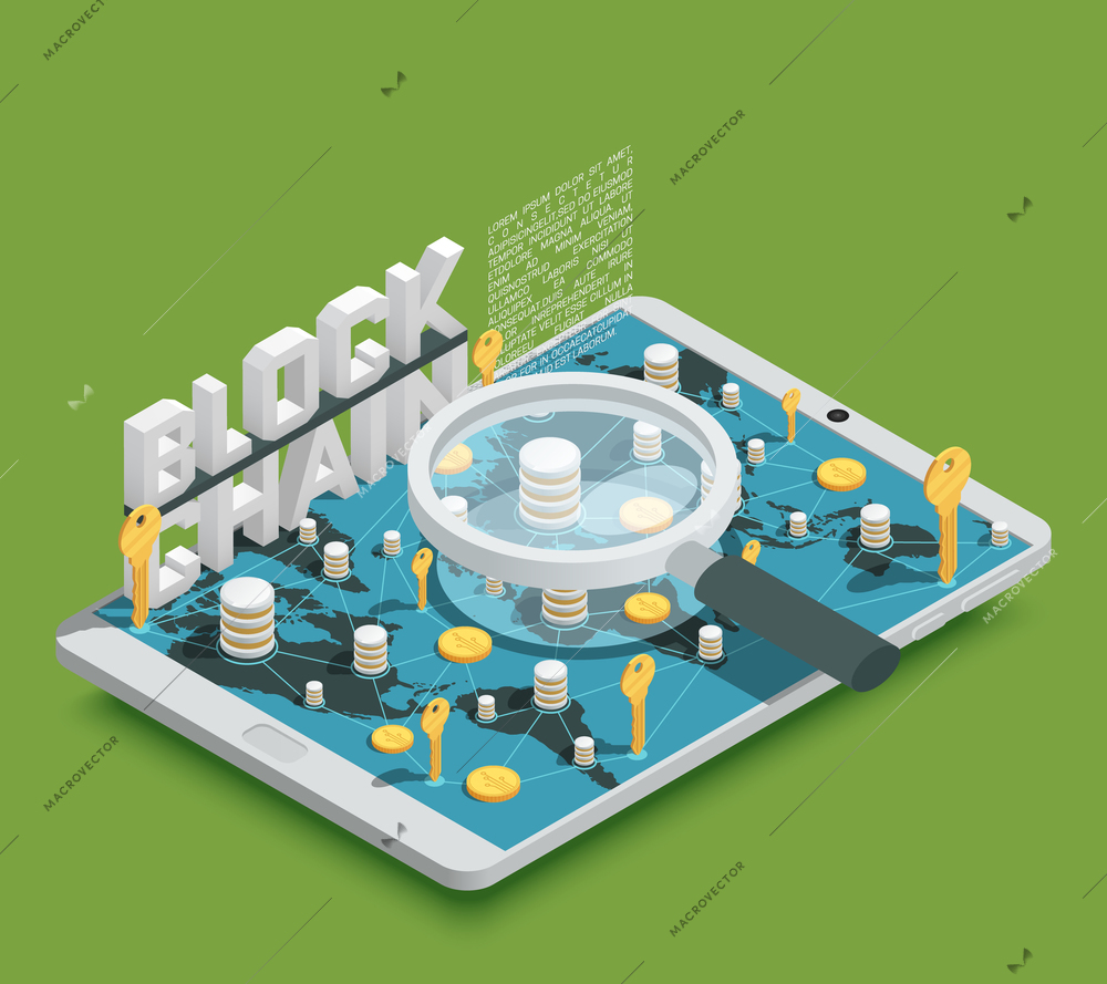 Modern safe virtual payments methods isometric composition with cryptocurrency blockchain symbols on fresh green background vector illustration