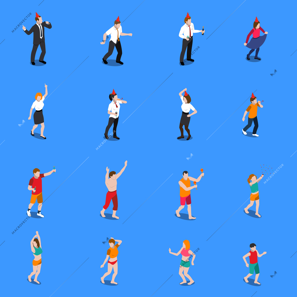 Set of isometric icons on blue background with singing and dancing people during celebration isolated vector illustration