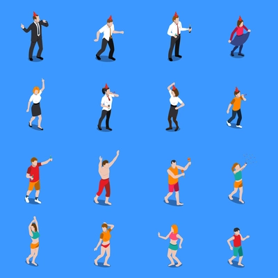 Set of isometric icons on blue background with singing and dancing people during celebration isolated vector illustration