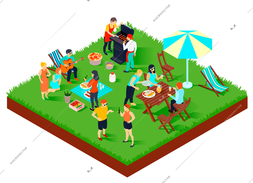 Bbq picnic with friends, songs under guitar, food and drink, umbrella, table and loungers isometric vector illustration