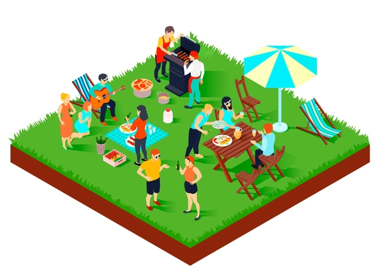 Bbq picnic with friends, songs under guitar, food and drink, umbrella, table and loungers isometric vector illustration