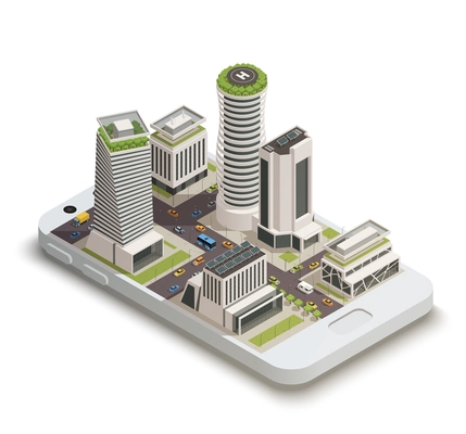 Smart city center tower buildings with sustainable green energy roof gardens on smartphone screen isometric composition vector illustration