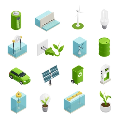 Renewable green energy sources technologies symbols and uses variaties isometric icons collection isolated vector illustration