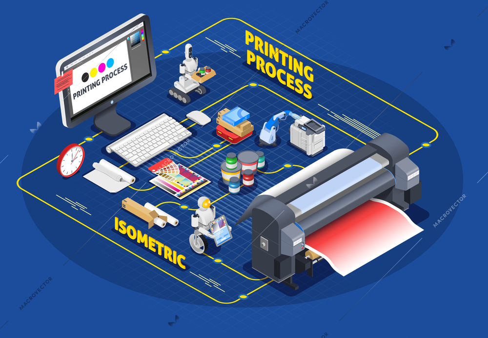 Printing house polygraphy industry isometric composition with conceptual images of robots and consumables with paper and cartridges vector illustration