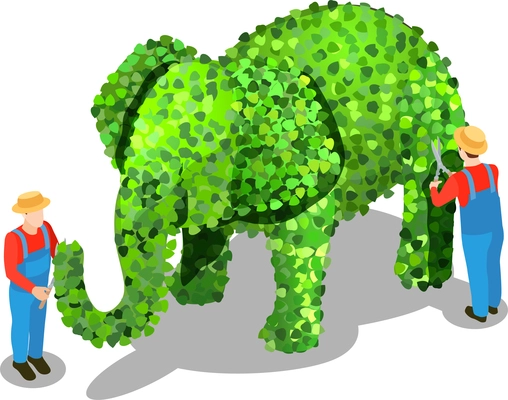 Gardener isometric composition of uniformed human characters tipping elephant shaped bush with shadows on blank background vector illustration