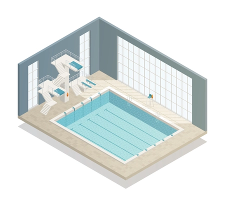 Bath sport and leisure center with 6 lane indoor swimming pool and diving platforms isometric vector illustration