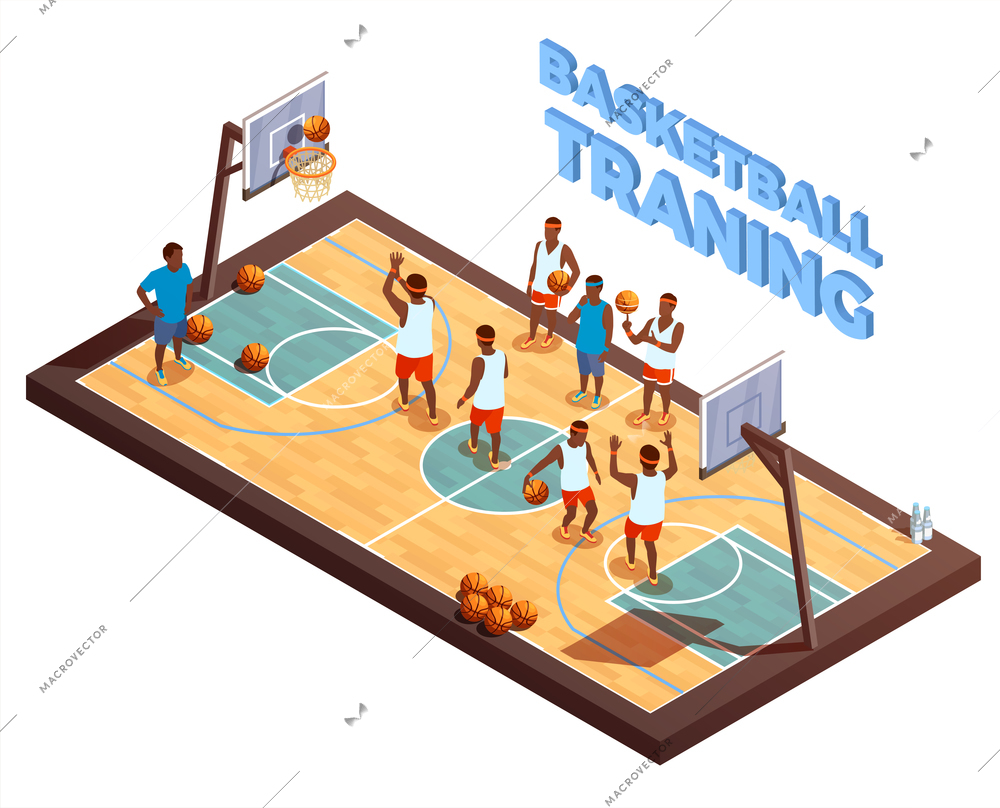 Basketball isometric composition with hardwood court and basketball team with human characters of players and coach vector illustration
