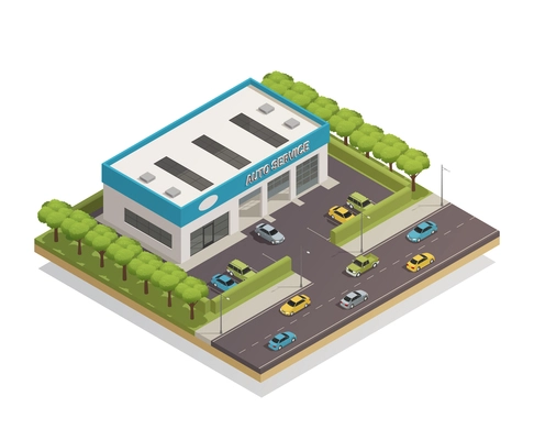 Isometric composition with parked cars near auto service center on white background 3d vector illustration