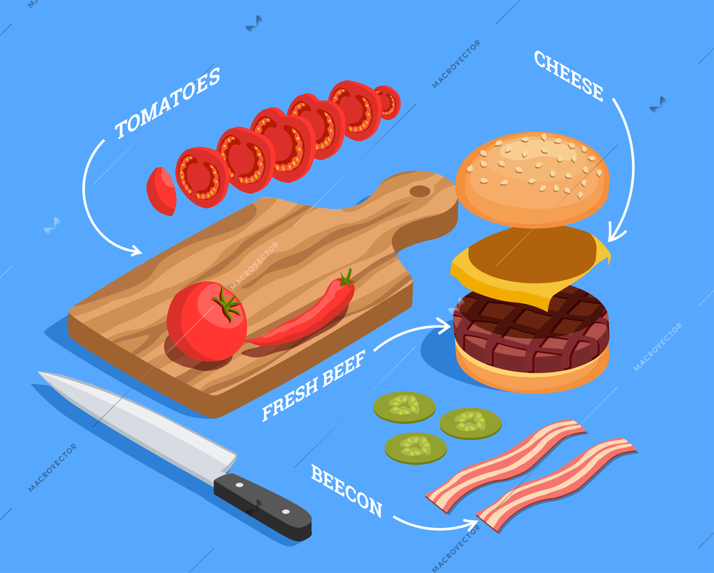 Professional cooking people chef pizzaiolo isometric people composition with images of cheeseburger filling raw food slices vector illustration