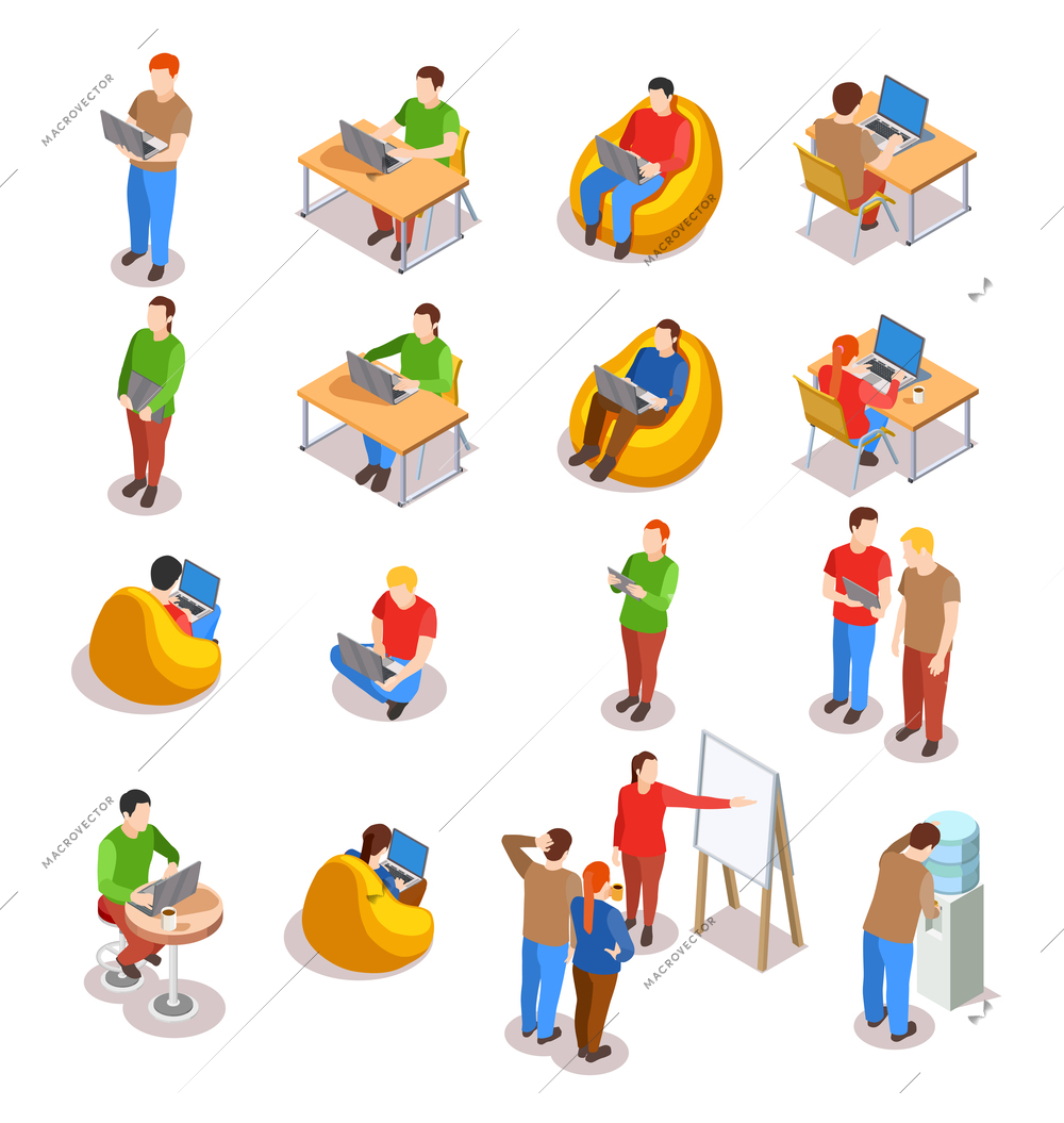 Coworking people isometric icons collection of isolated human figures in open space office with laptop computers vector illustration